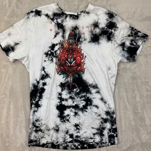 Affliction Black Label Mens Large White Black Tie Dye Rhinestone Skull Graphic